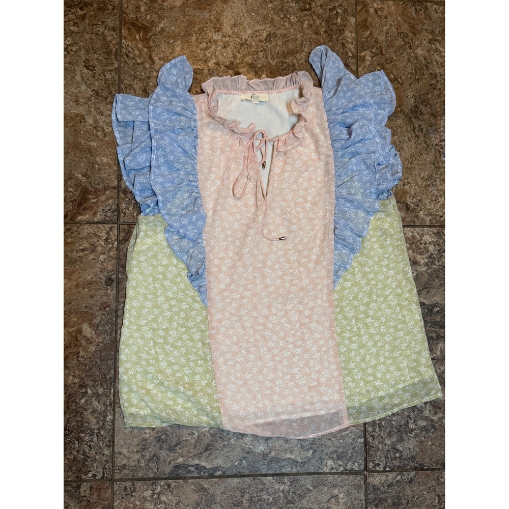Entro Floral Colorblock Ruffle Flutter Sleeve Blouse Pastel Pink Blue Green M